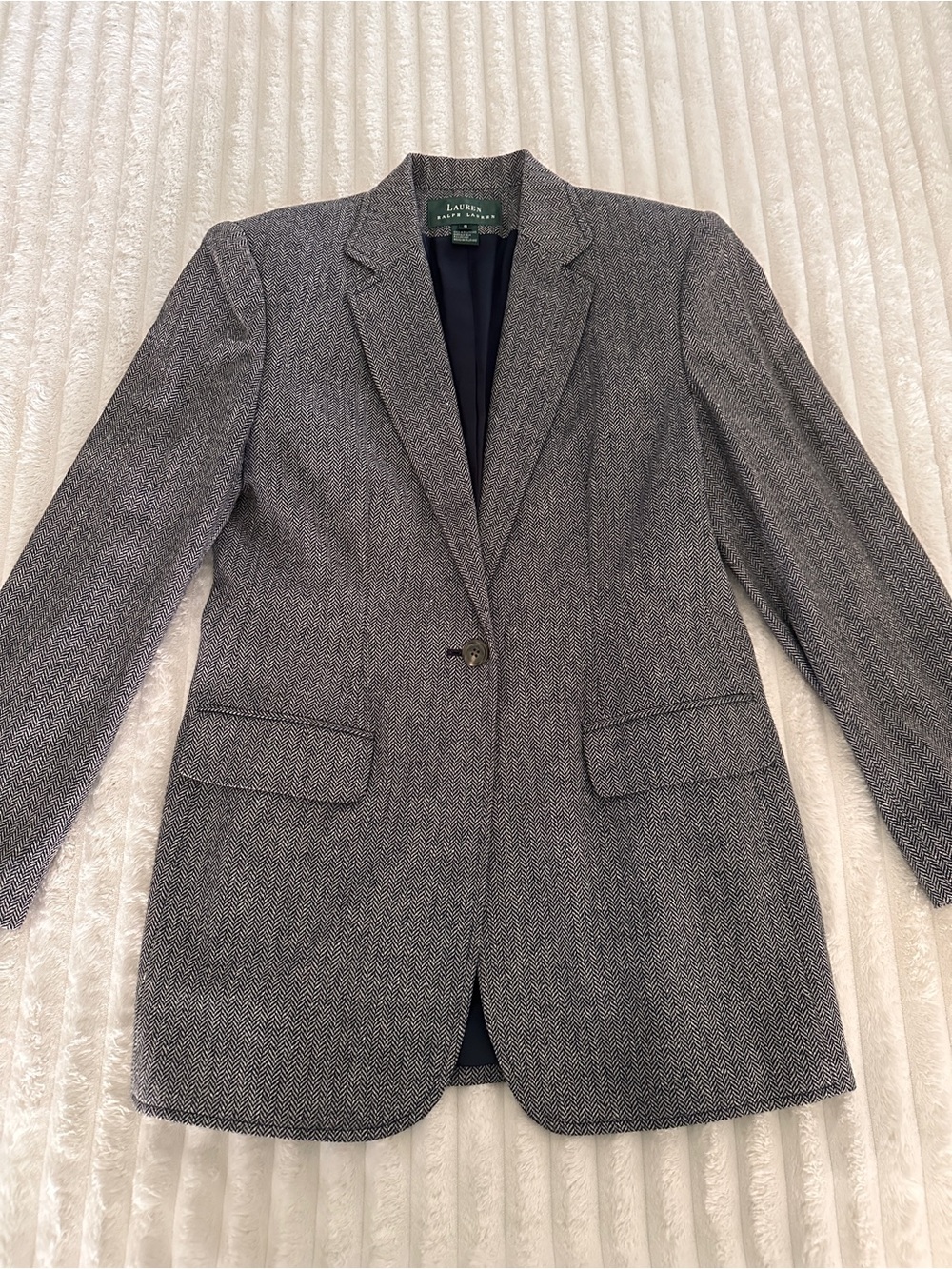VINTAGE Ralph Lauren Gray Herringbone Single-Button Tailored Wool Blazer - Picture 5 of 13